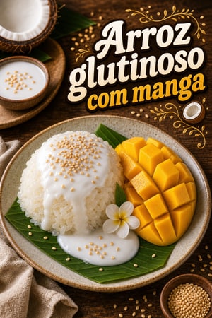 Arroz Pegajoso Tailandês com Manga e Creme de Coco