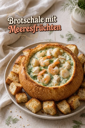 Gefüllte Meeresfrüchte-Brotschale mit cremiger Dill-Sauce