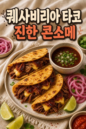 집에서 만드는 바삭한 치즈 퀘사비리아 타코와 진한 콘소메, 새콤한 피클 양파 곁들임 레시피