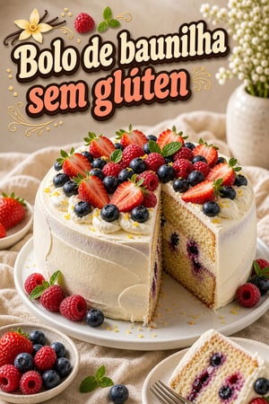 Bolo de Aniversário de Baunilha Sem Glúten com Frutos