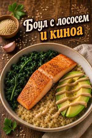 Питательный боул с лососем, киноа и чесночным кейлом