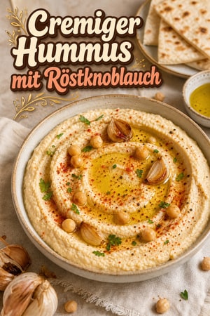 Cremiger Hummus mit geröstetem Knoblauch und Olivenöl
