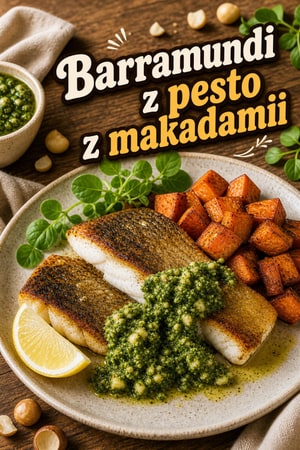 Pieczona barramundi z chrupiącym pesto z orzechów makadamia