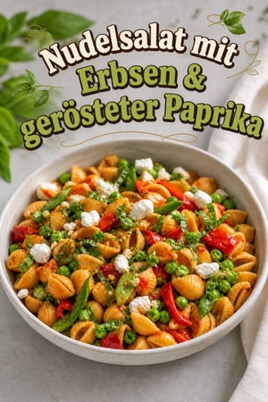 Sommerlicher Nudelsalat mit Erbsen und gerösteter roter Paprika