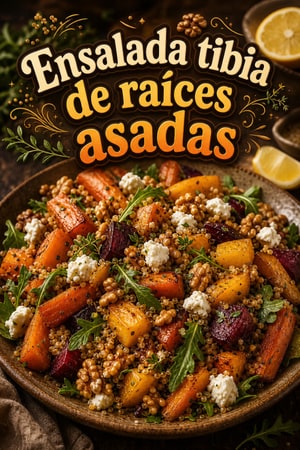 Ensalada tibia de raíces asadas, amaranto y queso de cabra