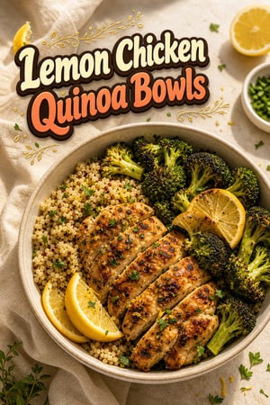 Lemon Garlic Chicken and Quinoa Bowls with Roasted Broccoli