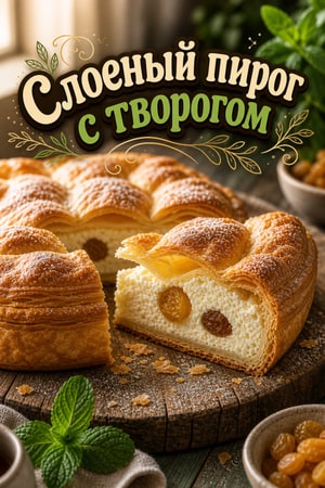 Золотистый пирог из слоеного теста с нежным творогом
