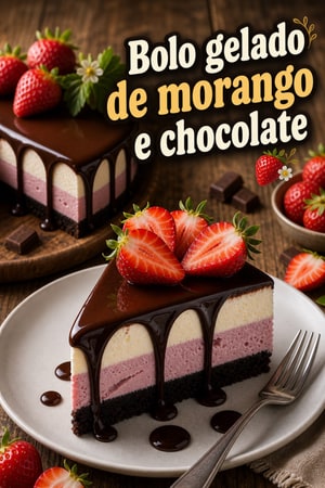 Bolo gelado fácil de morango e chocolate para verão