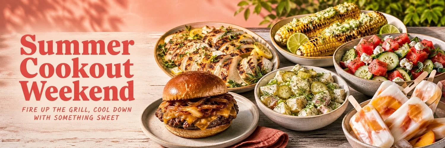 Summer cookout buffet with burgers, grilled chicken, corn, salads, and peach yogurt pops