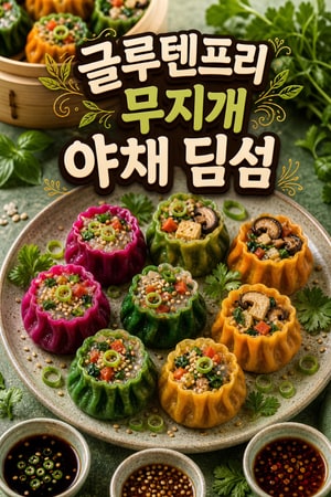 집에서 쉽게 만드는 글루텐프리 무지개 야채 딤섬 플래터와 세 가지 소스, 손님 초대용 가벼운 채식 메뉴