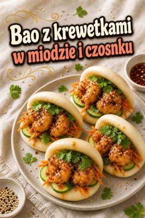 Chrupiące krewetki honey-garlic w puszystych bułeczkach bao