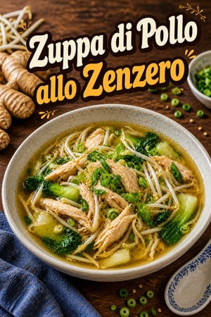 Zuppa di pollo allo zenzero e germogli di fagioli mungo