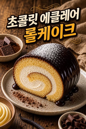 에클레어 스타일 초콜릿 크림 롤케이크 — 바닐라 파스트리 크림 부드러운 스폰지에 가득 채운 초콜릿 글레이즈