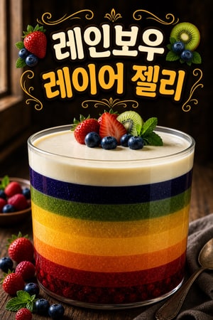 채식 레인보우 레이어 젤리: 신선 과일·바닐라 크림으로 만든 노베이크 파티 디저트