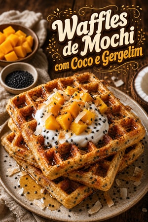 Waffles de Mochi e Coco Crocantes com Gergelim Preto Tostado