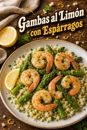 Gambas al Limón y Ajo con Espárragos y Arroz de Coliflor