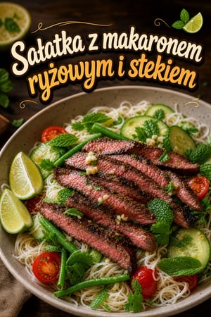 Sałatka z makaronem ryżowym, stekiem, czosnkiem i limonką