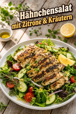 Gegrilltes Hähnchen mit Zitrone und Kräutern auf frischem Salat