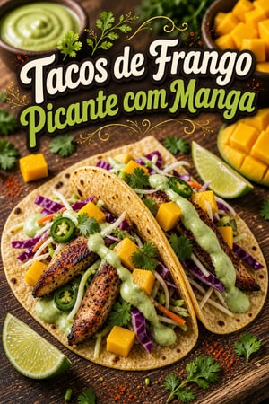 Tacos de Frango Picante com Manga e Creme de Abacate