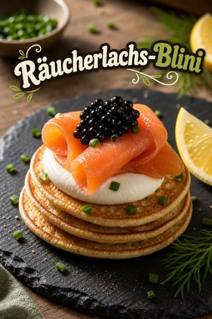 Räucherlachs-Blini mit Crème fraîche und feinem Kaviar