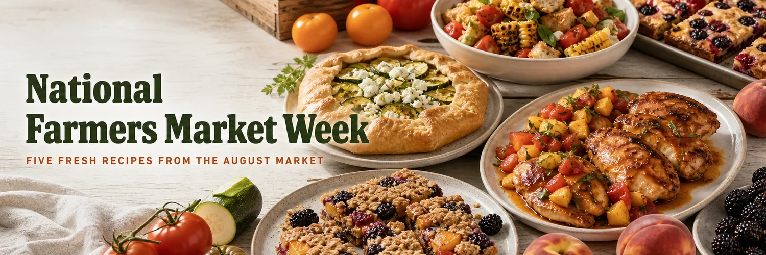 Wide farmers market spread with corn panzanella, zucchini galette, peach chicken, berry pancake, and crumble bars