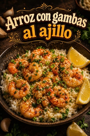 Bol de arroz con gambas en mantequilla, limón y hierbas