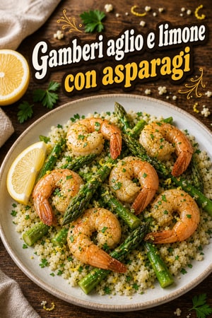 Gamberi al Limone e Aglio con Asparagi e Riso di Cavolfiore