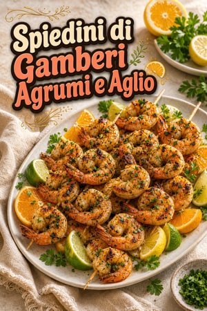 Spiedini di Gamberi agli Agrumi e Aglio con Erbe Fresche