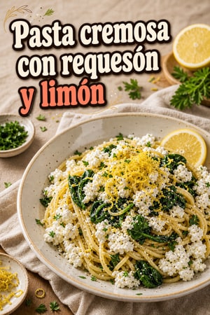 Pasta cremosa con requesón, limón, hierbas y espinacas