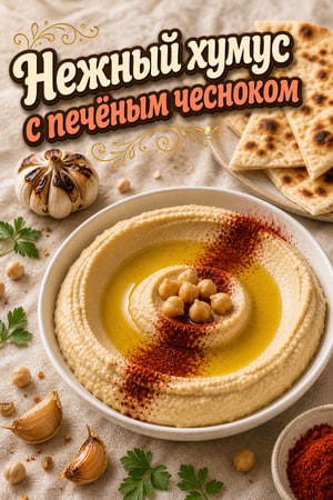 Нежный хумус с запеченным чесноком и оливковым маслом