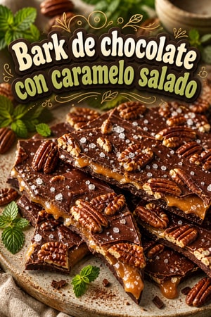 Bark de chocolate con caramelo y mantequilla dorada salada
