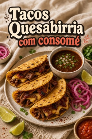 Tacos Quesabirria: tacos de queijo com consomé e cebola