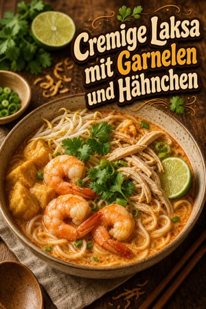 Cremige Malaysische Laksa mit Garnelen und Hähnchen