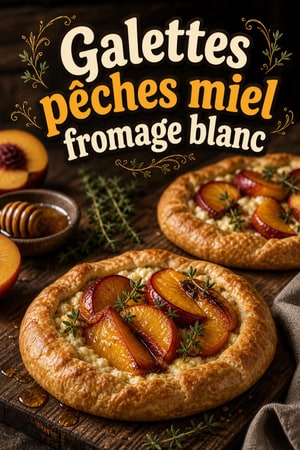 Galettes au fromage blanc, pêches au miel et thym frais