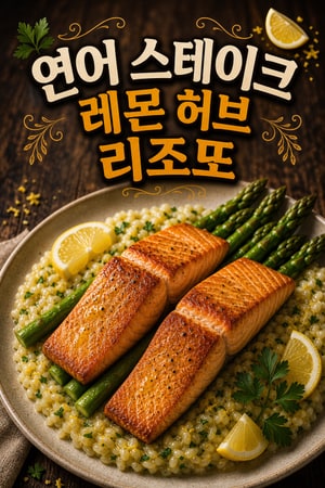 로맨틱 런치: 간단하고 품격 있는 레몬 허브 리조또와 아스파라거스 곁들인 겉바삭 연어 스테이크 레시피