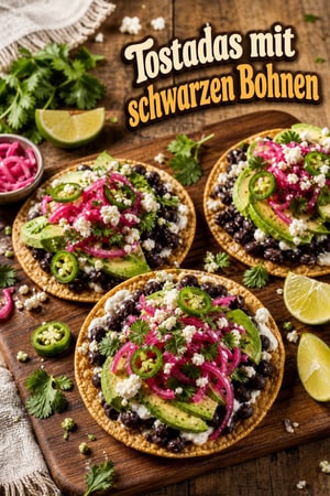 Schwarze Bohnen Tostadas mit eingelegtem Gemüse
