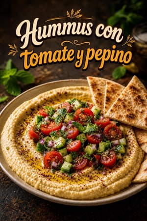 Hummus cubierto con tomates y pepinos