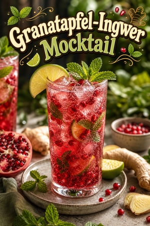 Spritziger Granatapfel-Ingwer-Mocktail mit frischer Minze