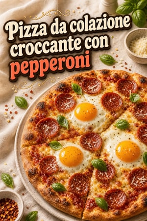 Pizza da colazione croccante con pepperoni e uova al forno