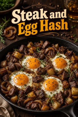 Hearty Steak and Egg Hash with Bourbon-Glazed Onions