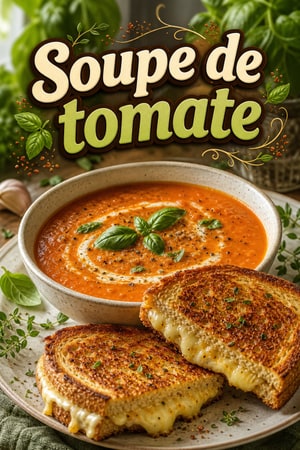 Soupe crémeuse tomate et basilic avec grilled cheese