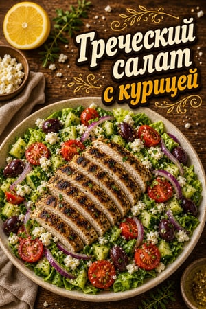 Греческий салат с курицей-гриль и лимонной заправкой