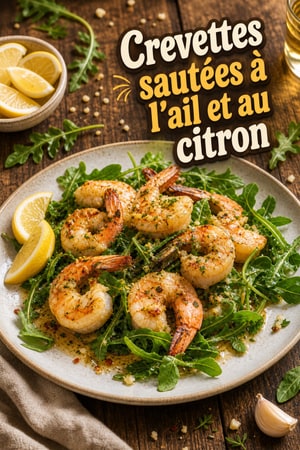 Crevettes sautées à l'ail et au citron sur lit de roquette