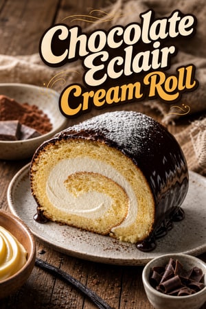 Eclair-Style Chocolate Cream Roll Cake with Vanilla Pastry