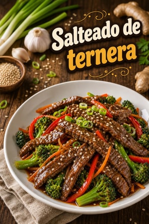 Salteado rápido de ternera con ajo, jengibre y sésamo