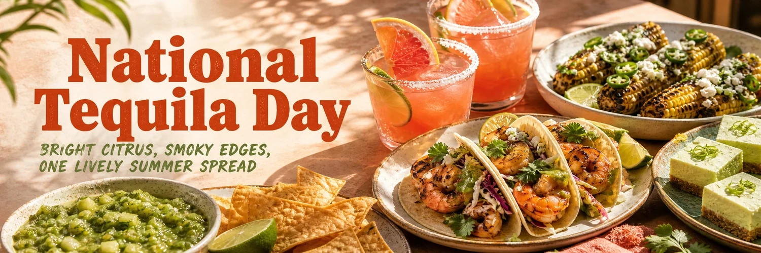 Summer tequila menu with palomas, shrimp tacos, charred corn, green salsa, and lime cheesecake bars