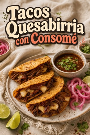 Tacos Quesabirria con Consomé y Cebolla Encurtida