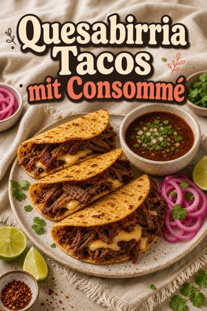 Quesabirria Tacos mit Consommé und eingelegten Zwiebeln