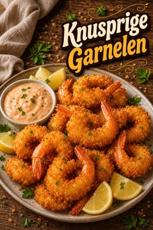 Knusprig goldene gebackene Garnelen mit pikantem Dip