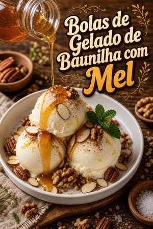 Bolas de Gelado de Baunilha com Mel Quente e Nozes